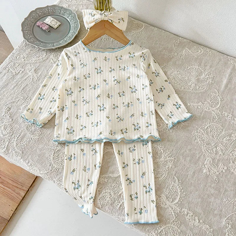 Piajama per bambini a coste floreali con fascia per la testa