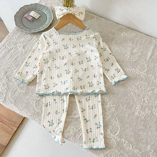 Piajama per bambini a coste floreali con fascia per la testa