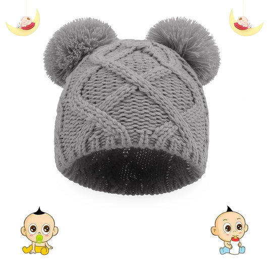 Cappello da orso per bambini a maglia con doppio pom-pom