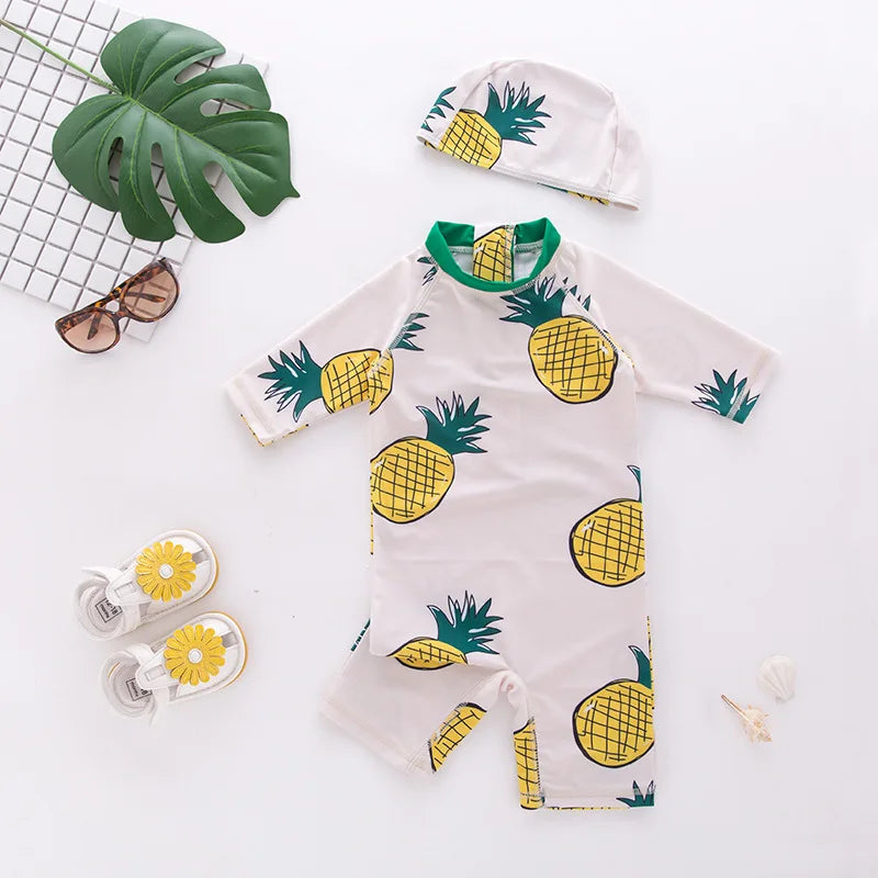 Juego de trajes de baño de niños de flores tropicales con sombrero de sol