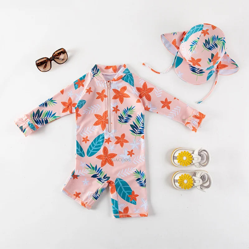 Juego de trajes de baño de niños de flores tropicales con sombrero de sol