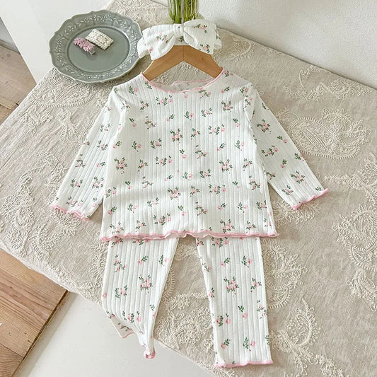 Piajama per bambini a coste floreali con fascia per la testa