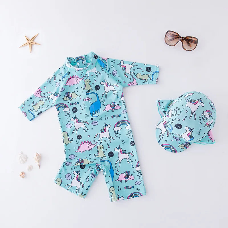 Juego de trajes de baño de niños de flores tropicales con sombrero de sol