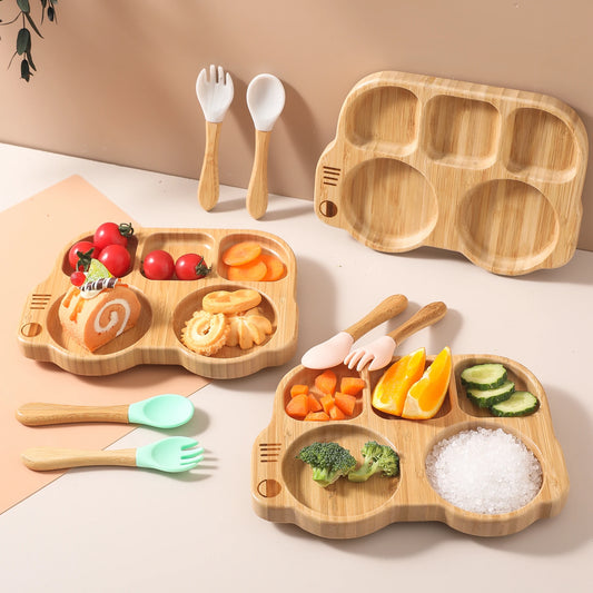 Piatto di alimentazione per bambini in bambù set con cucchiaio in silicone 