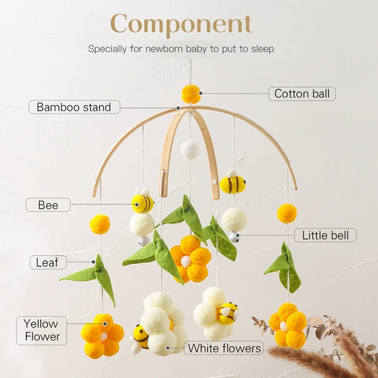 Móvil de bebé de algodón de abejas y flores 