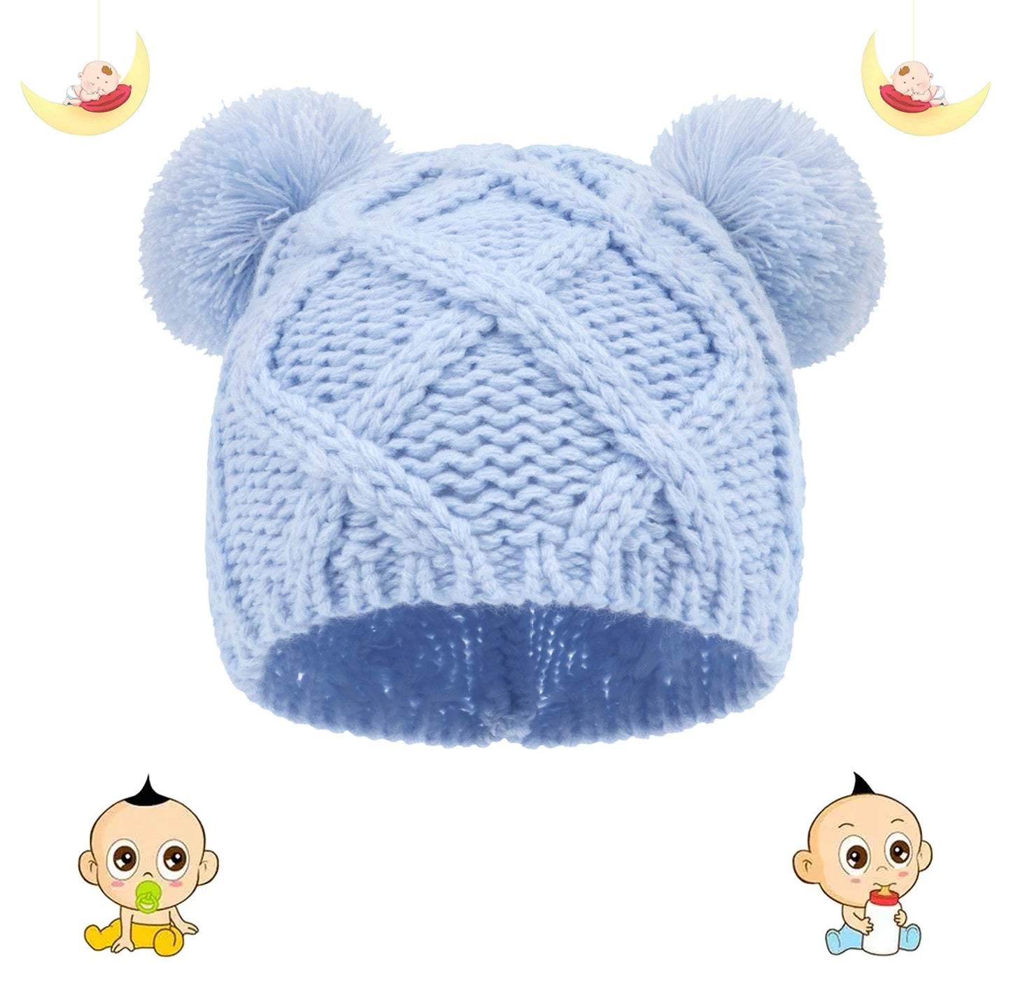 Cappello da orso per bambini a maglia con doppio pom-pom