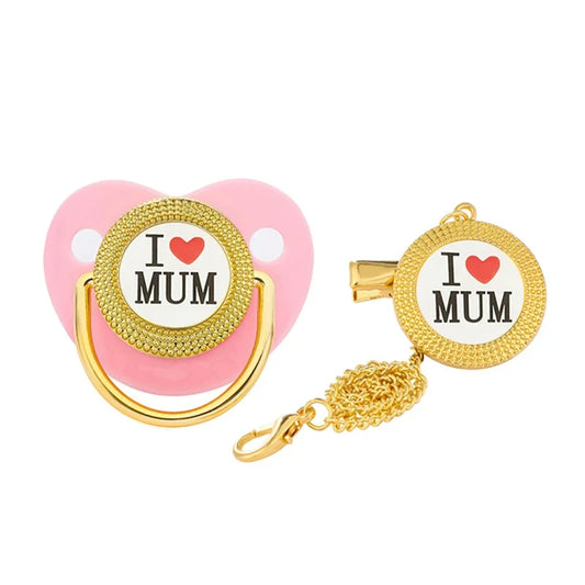 Me encantan los chupetes de mamá y papá con clip de oro