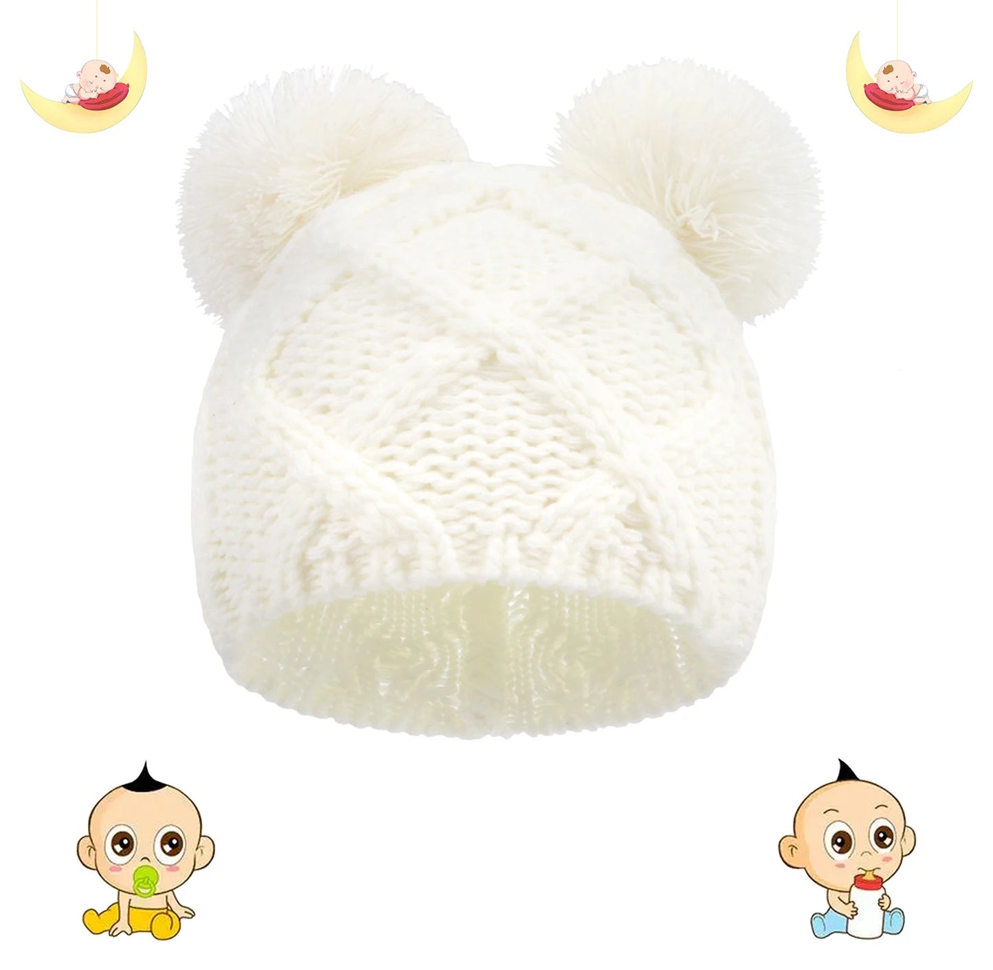 Cappello da orso per bambini a maglia con doppio pom-pom