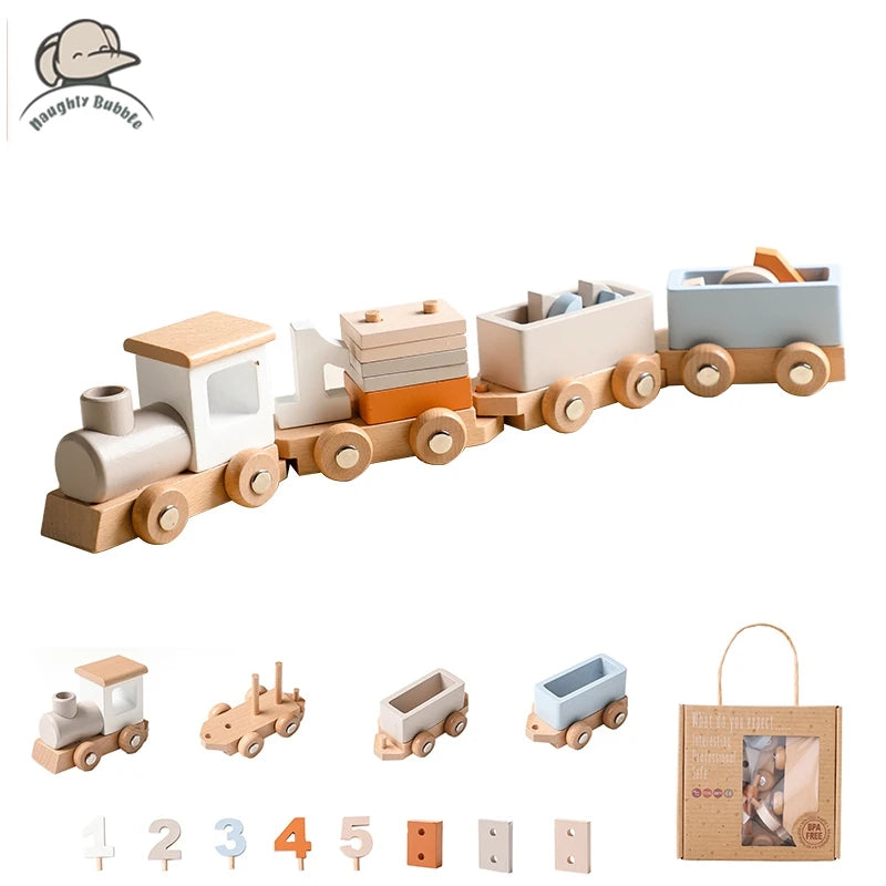 Juego de juguetes de tren de cumpleaños de madera