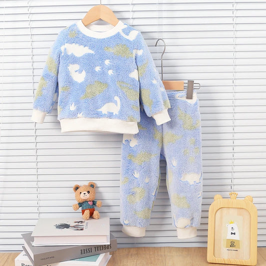 Juego de pijama de vellón de dinosaurio azul
