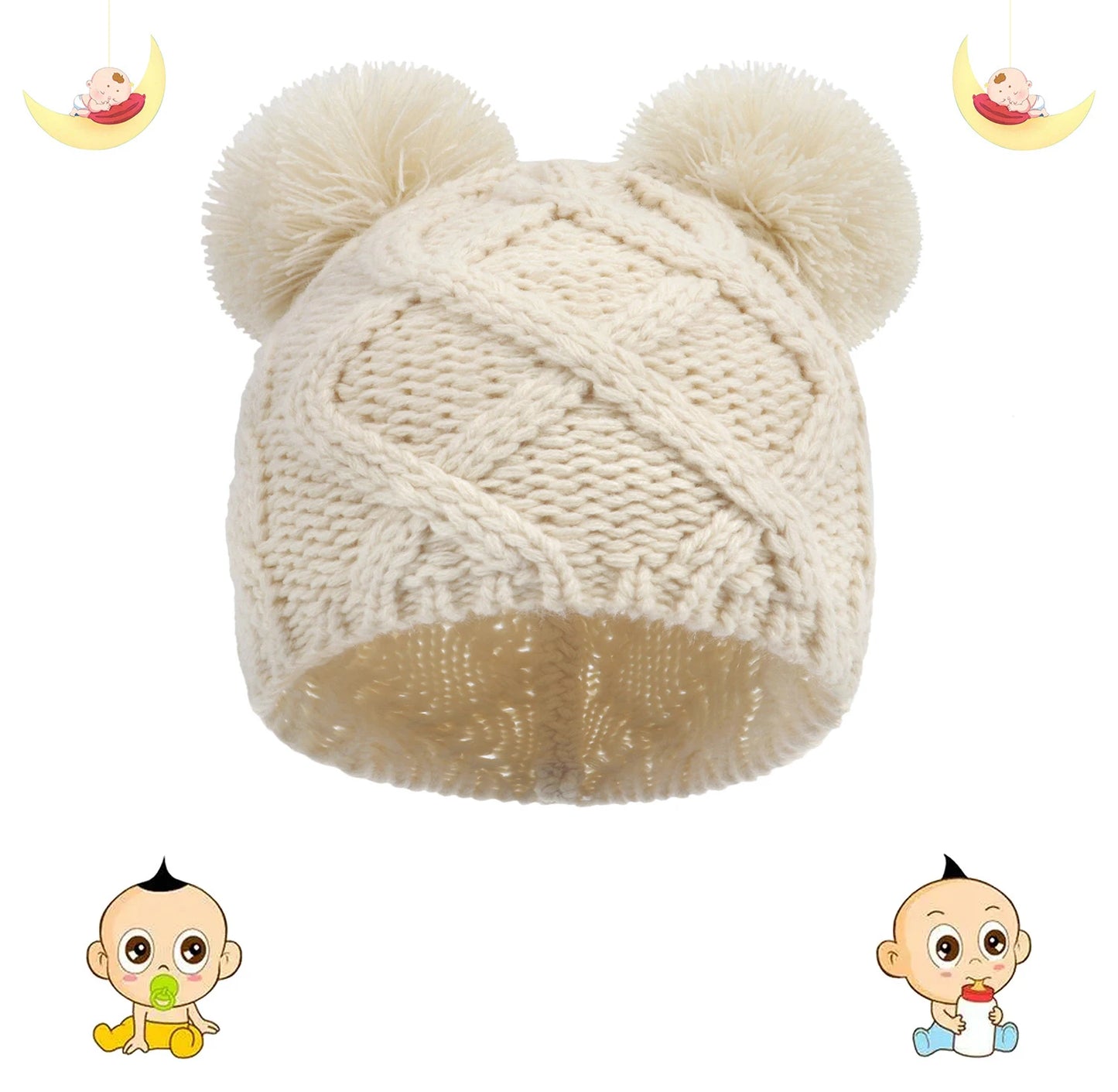 Cappello da orso per bambini a maglia con doppio pom-pom
