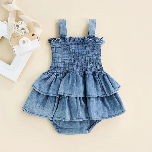 Denim Ruffle Baby Ganper