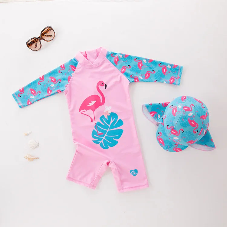 Juego de trajes de baño de niños de flores tropicales con sombrero de sol