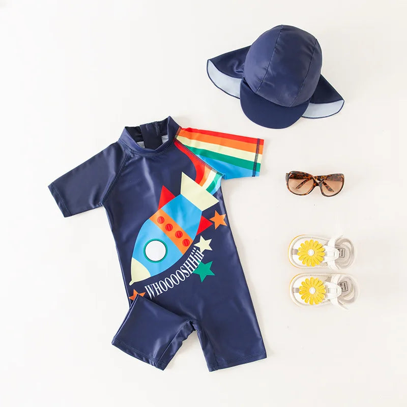 Juego de trajes de baño de niños de flores tropicales con sombrero de sol