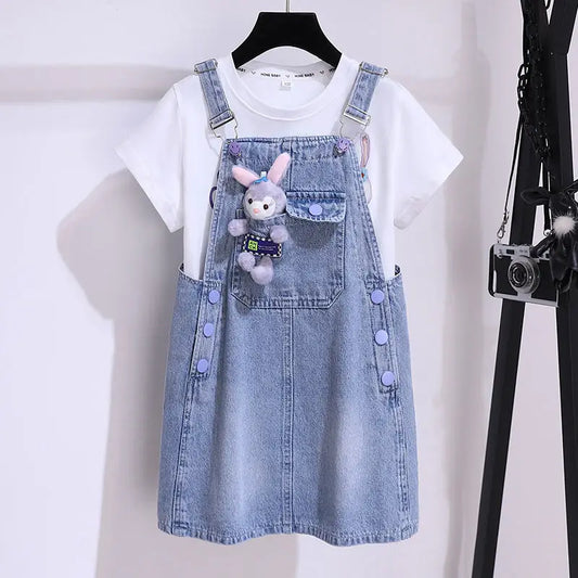 Girls’ Summer Denim Strap Dress Set