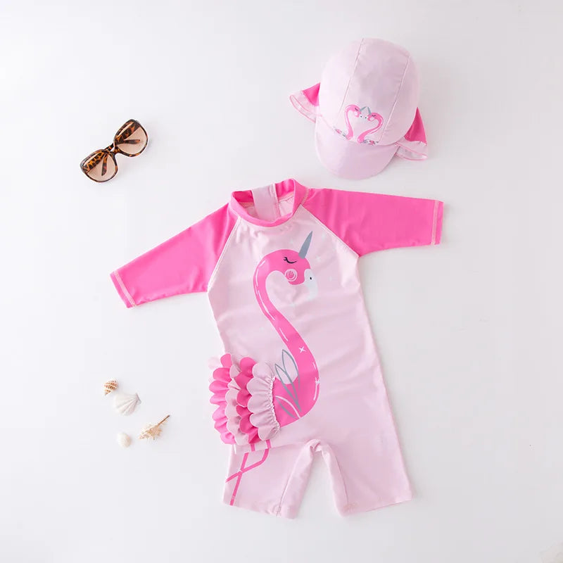 Juego de trajes de baño de niños de flores tropicales con sombrero de sol