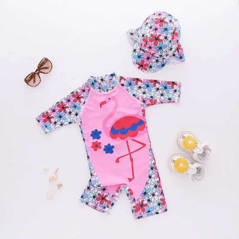 Juego de trajes de baño de niños de flores tropicales con sombrero de sol