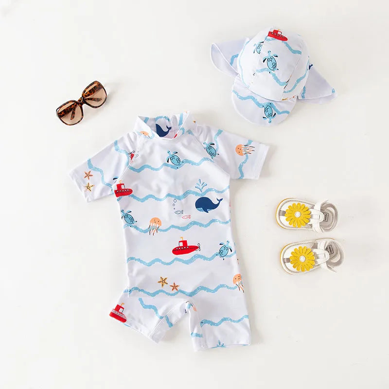 Juego de trajes de baño de niños de flores tropicales con sombrero de sol