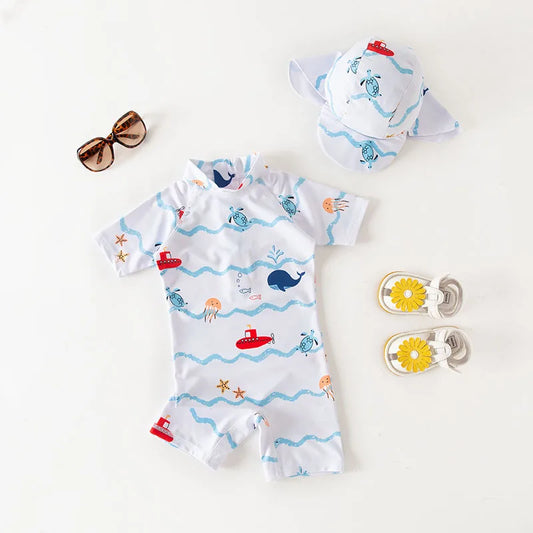 Juego de trajes de baño de niños de flores tropicales con sombrero de sol
