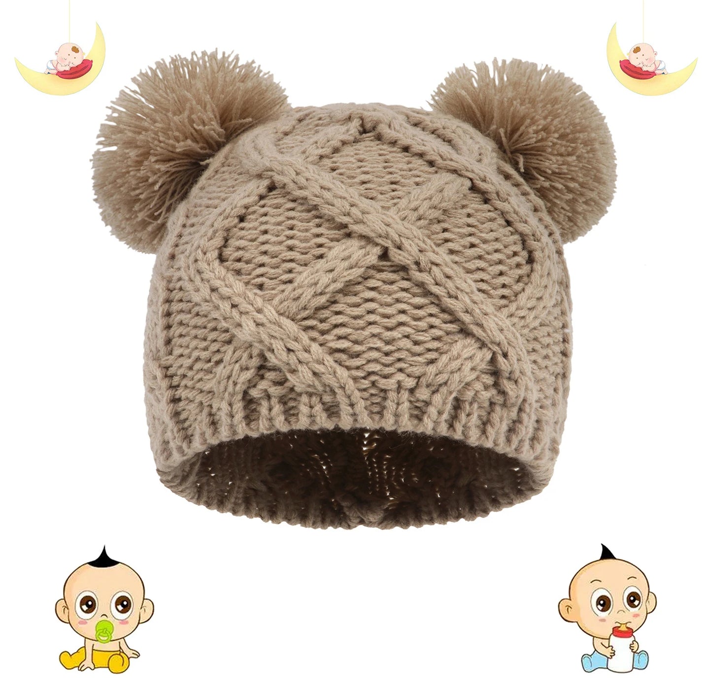 Cappello da orso per bambini a maglia con doppio pom-pom