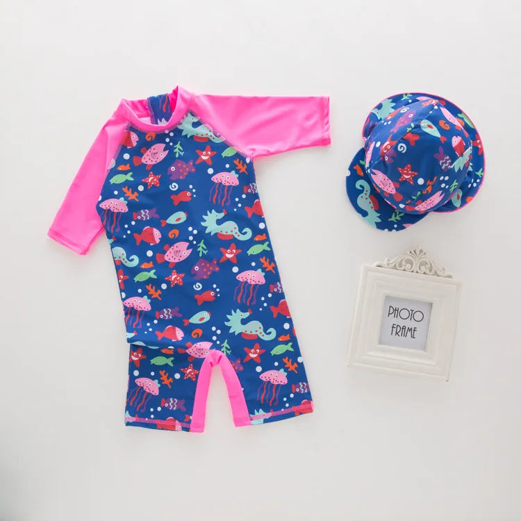 Juego de trajes de baño de niños de flores tropicales con sombrero de sol