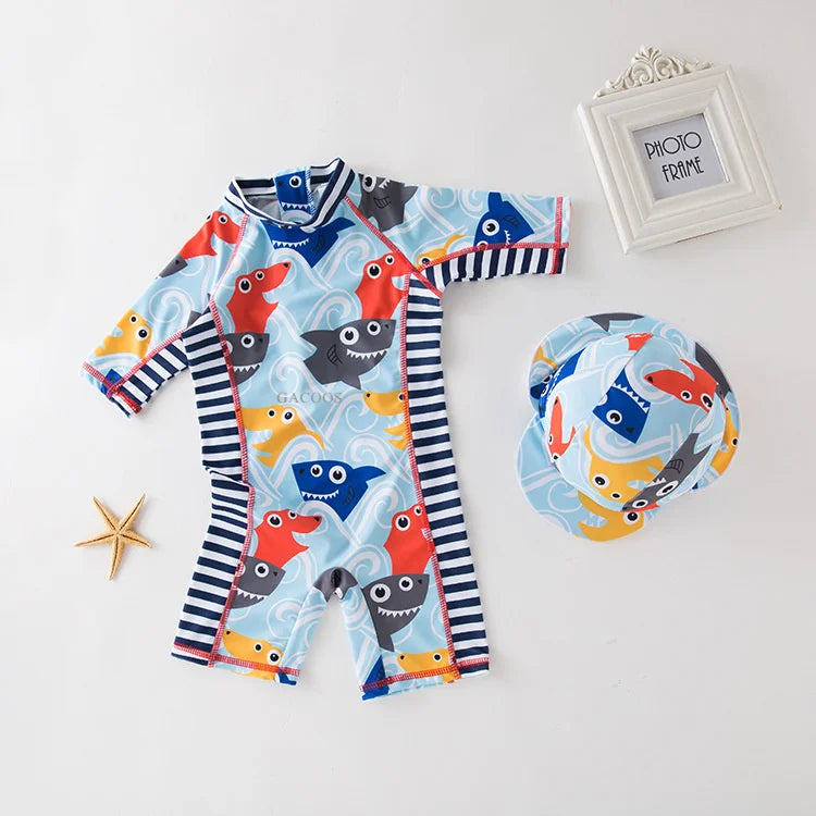 Juego de trajes de baño de niños de flores tropicales con sombrero de sol